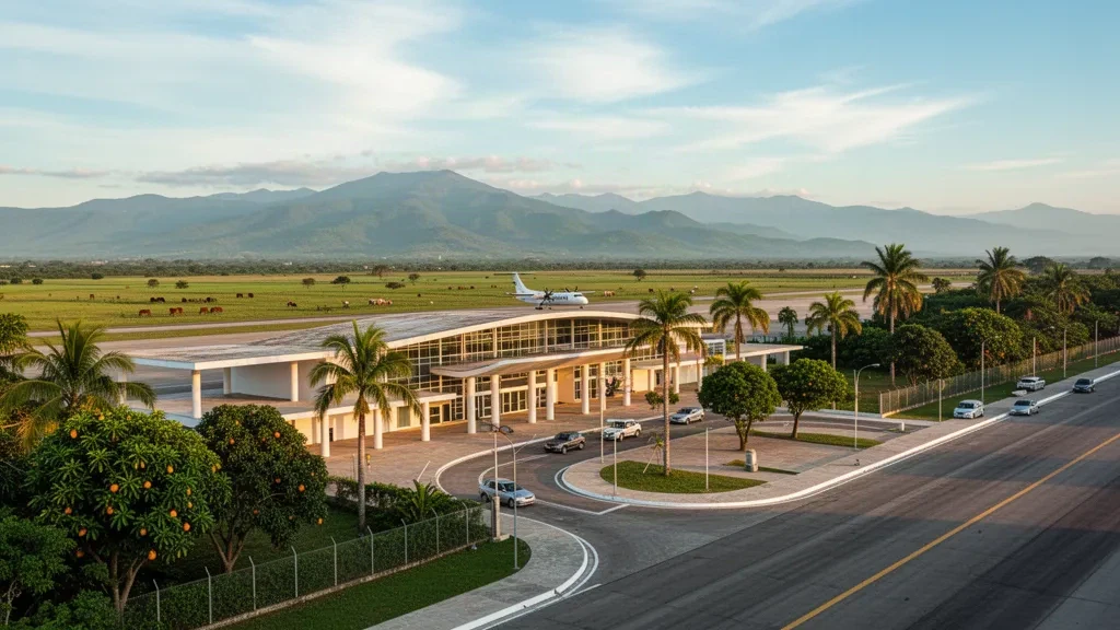 Flaches tropisches Terminal und palmengesäumtes Vorfeld am Flughafen Miguel Urdaneta Fernández in Santa Bárbara del Zulia, Venezuela, in warmem Licht des späten Nachmittags