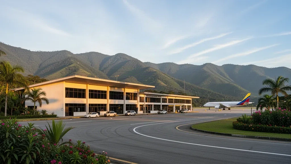 Terminal and apron of Mayor Buenaventura Vivas International Airport in Santo Domingo, Táchira, with Andean mountains behind at golden hour