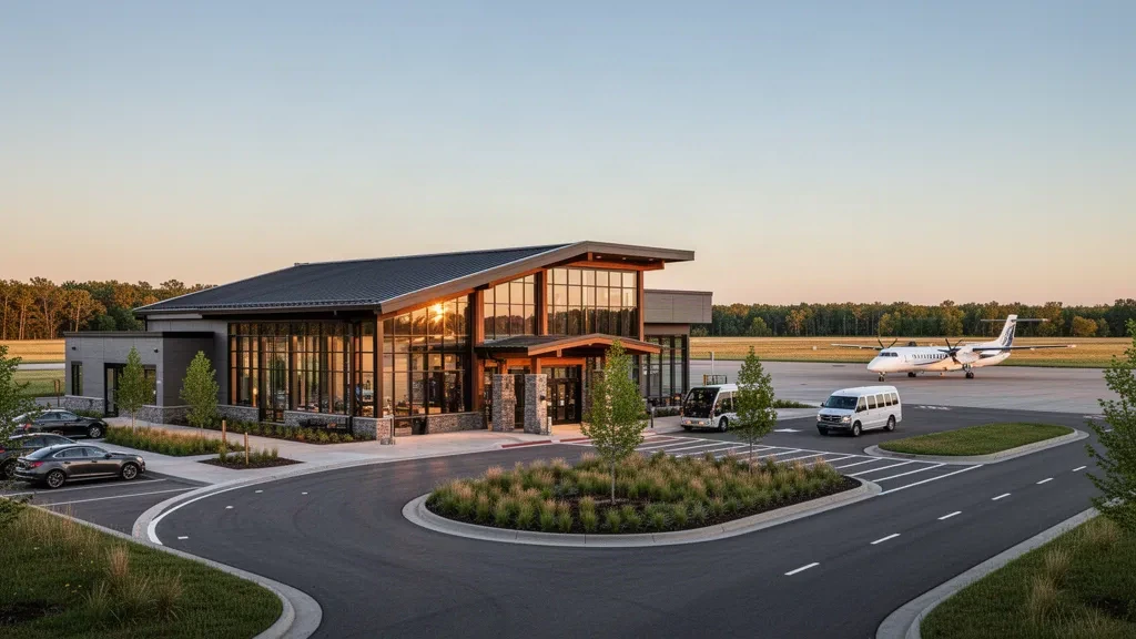 Terminal moderno in vetro e corsie di sosta per la discesa passeggeri all'Aeroporto Regionale di Saint Cloud in Minnesota durante l'ora d'oro