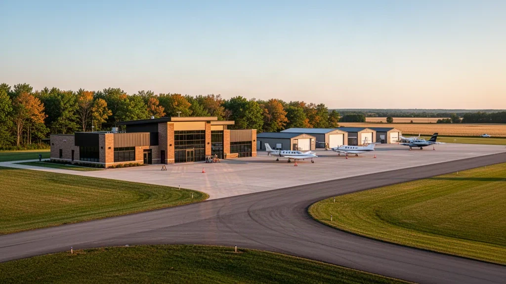 Terminal und Vorfeld des Stevens Point Municipal Airport zur goldenen Stunde mit kleinen Flugzeugen der Allgemeinen Luftfahrt neben der von Bäumen gesäumten Landebahn in Wisconsin