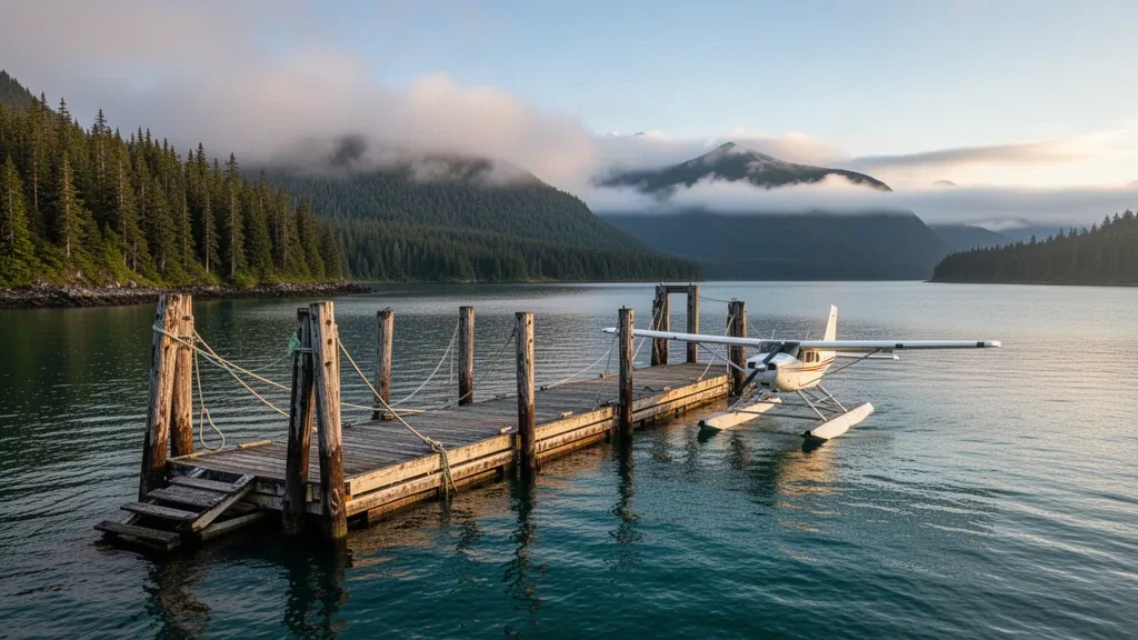 Ein Wasserflugzeug, das am hölzernen Dock des Stephens Island Seaplane Base in Alaska vertäut ist, umgeben von ruhigem Wasser, immergrünem Wald und nebligen Küstenbergen.