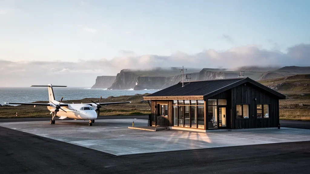 St George Airport in Alaska with a small commuter plane on the apron and a modern island terminal beneath a dramatic Bering Sea sky
