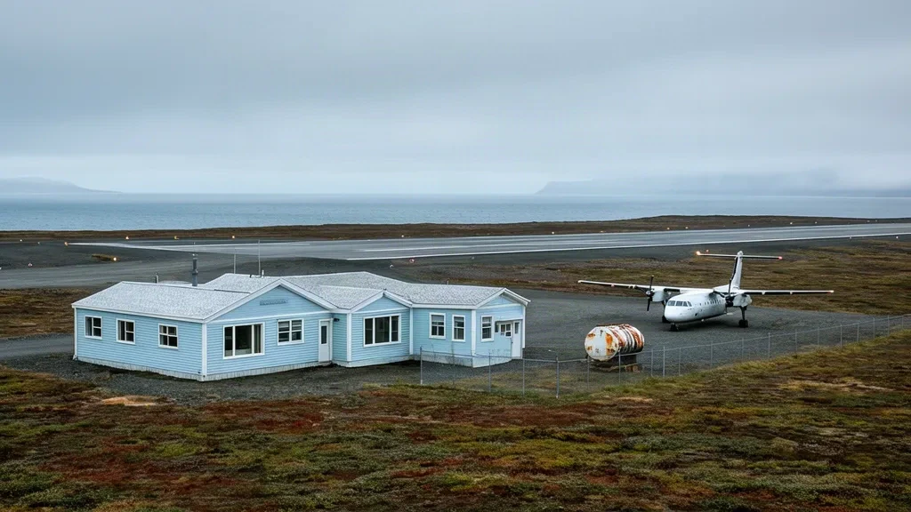 Small terminal building and gravel runway at St. George Airport in Alaska on windswept Pribilof tundra under an overcast Bering Sea sky