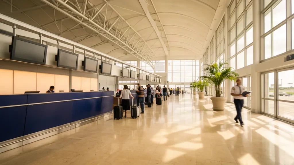 Hall de départ lumineux de l'aéroport international de Cibao STI à Santiago, en République dominicaine, avec des voyageurs aux comptoirs d'enregistrement