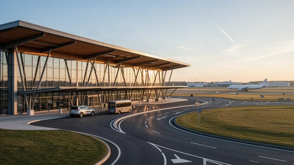 Esterno moderno del terminal in vetro dell'aeroporto di Strathmore con corsie di sosta e luce calda dell'ora d'oro sul piazzale