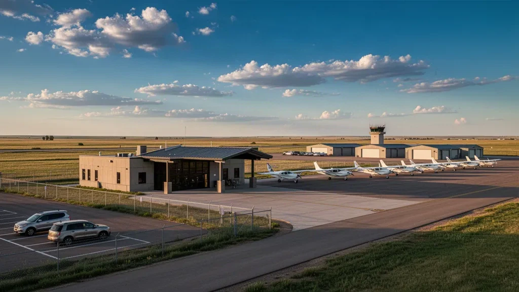 Small municipal airport terminal and apron with light aircraft under a wide Colorado plains sky near Sterling