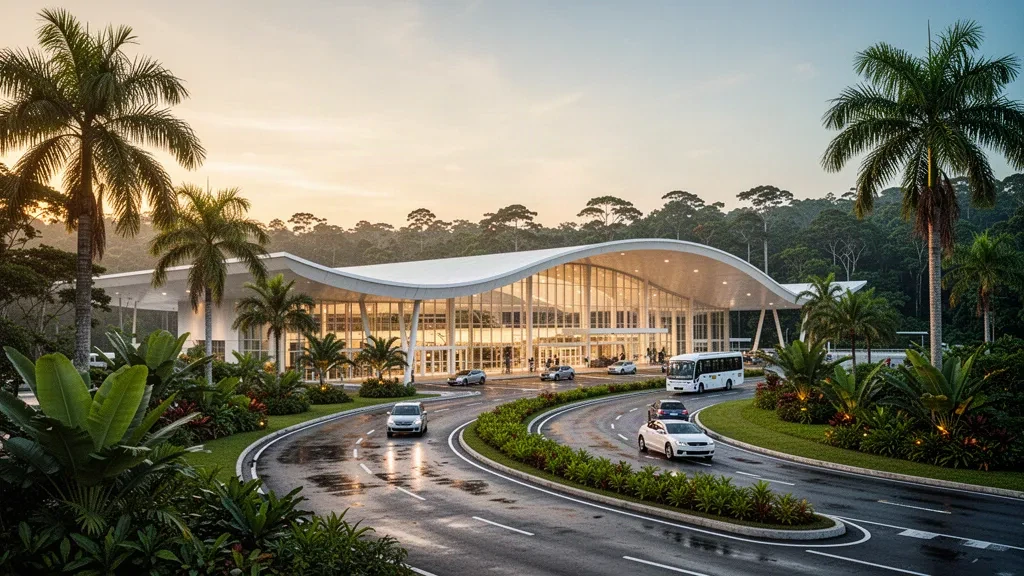 Modernes Glasterminal des internationalen Flughafens Maestro Wilson Fonseca in Santarém, Brasilien, zur goldenen Stunde umgeben von amazonischer Vegetation