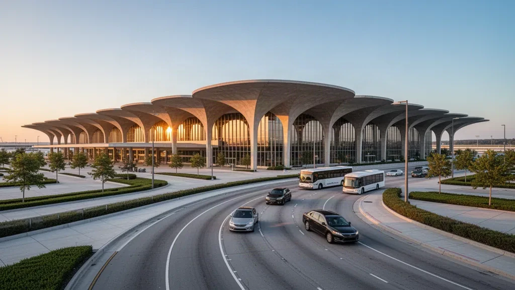 St. Louis Lambert Uluslararası Havalimanı'nda sıcak altın saat ışığında orta yüzyıl tonozlu terminal dış cephesi ve yolcu indirme şeritleri