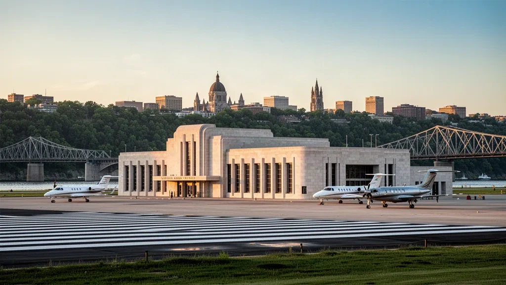 Historic Art Deco terminal at Saint Paul Downtown Holman Field with aircraft on the apron, river bluffs and downtown skyline at golden hour