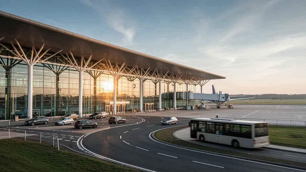 Essex'teki Londra Stansted Havalimanı'nda geniş çatı kanopisi ve yolcu indirme alanıyla cam ve çelik terminal dış cephesi, altın saatlerde