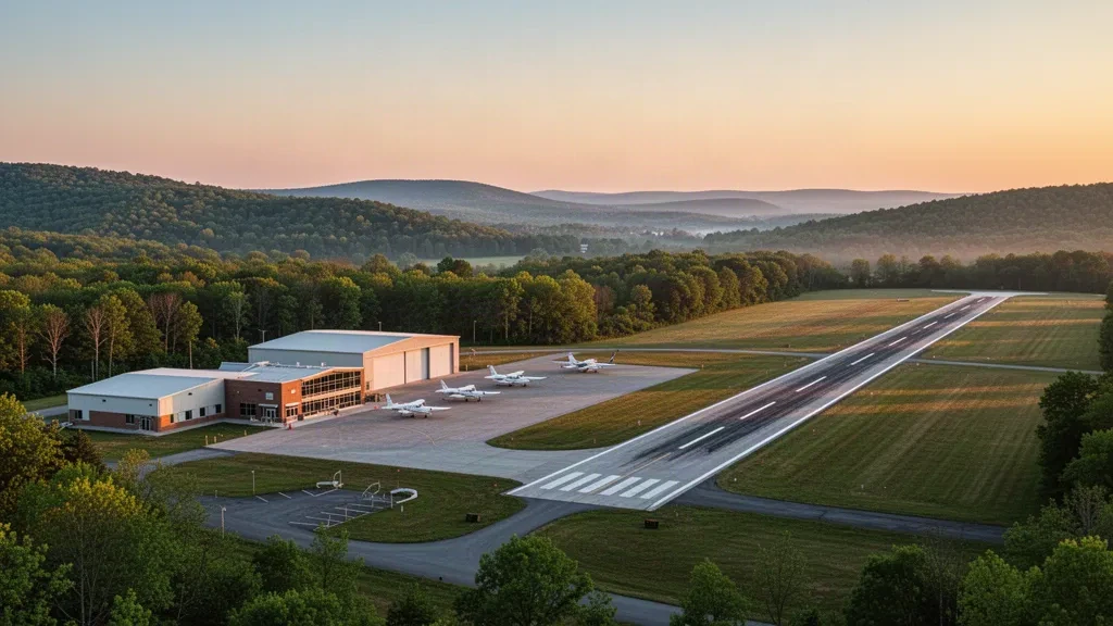Piccolo terminal per aviazione generale, hangar e singola pista pavimentata presso St Marys Municipal Airport nella Pennsylvania rurale all'ora d'oro