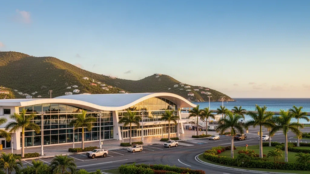 Modern glass terminal building at Cyril E. King Airport in Saint Thomas, U.S. Virgin Islands, surrounded by palm trees under a golden sunset sky.