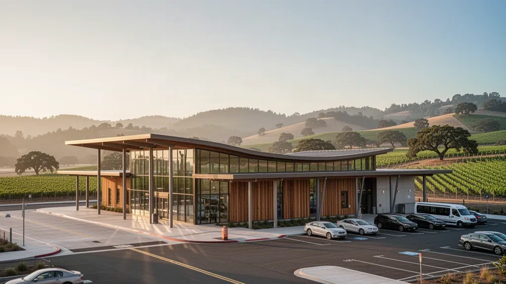 Esterno moderno del terminal in vetro e legno all'Aeroporto Charles M. Schulz Sonoma County con corsie per la sosta breve davanti all'ingresso nella luce dorata del tramonto