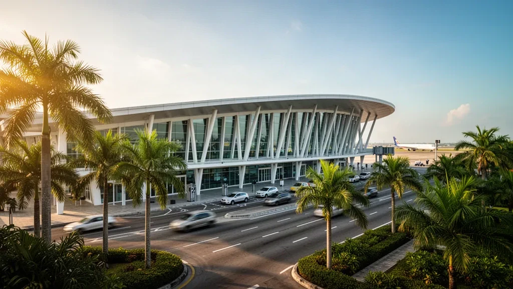 Moderne Glasfassade des Terminals am Santa Cruz Airport mit Palmen und einer geschwungenen Vorfahrtsstraße im warmen Licht der goldenen Stunde.