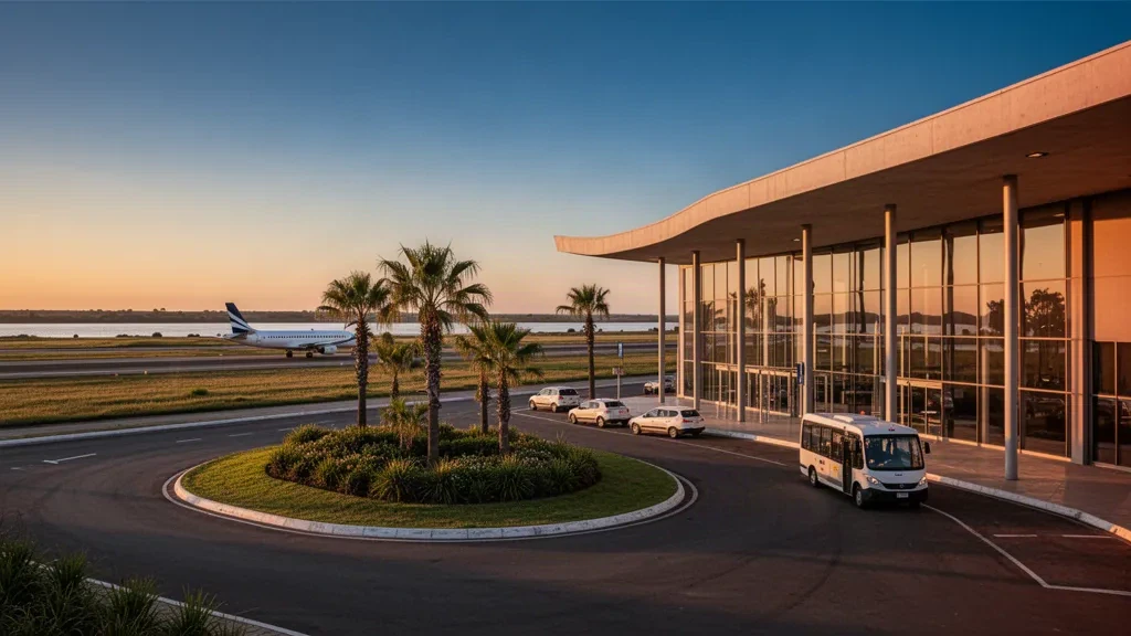 Modern glass terminal exterior at Nueva Hesperides International Airport in Salto, Uruguay, lit by warm golden-hour sunlight with palm trees and a drop-off lane