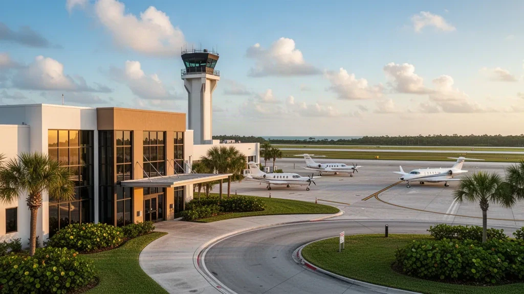 Moderno terminal per l'aviazione generale, piazzale e torre di controllo all'aeroporto di Witham Field a Stuart, Florida, nella calda luce del tardo pomeriggio