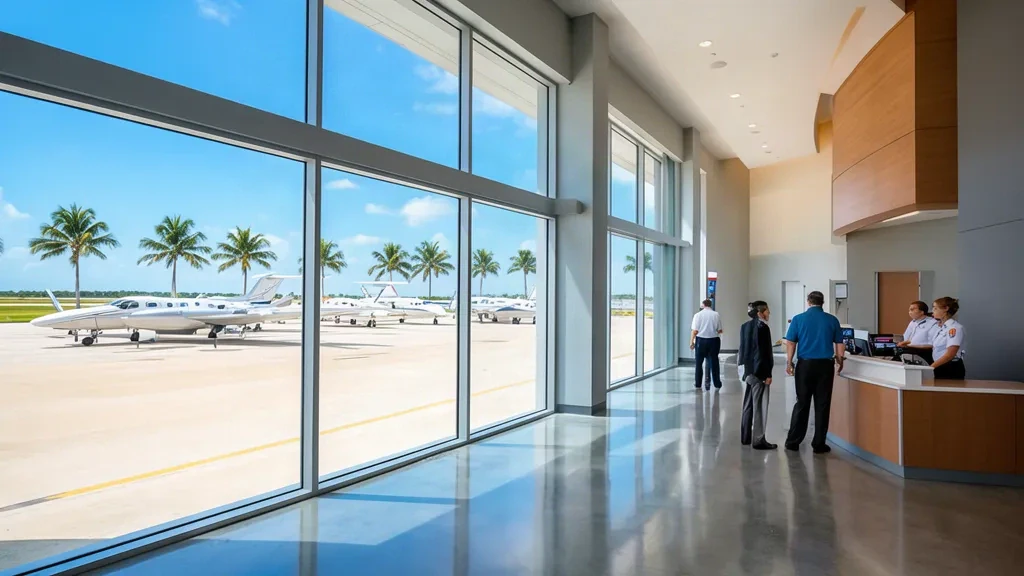 Interno del terminal dell'aeroporto di Witham Field a Stuart, Florida, con ampie finestre che si affacciano su jet privati nel piazzale.