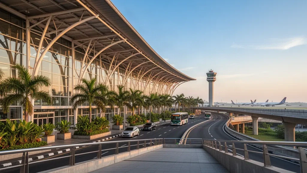 Moderne Glasfassade des Terminals am Juanda International Airport in Surabaya mit palmengesäumten Vorfahrtsstraßen zur goldenen Stunde
