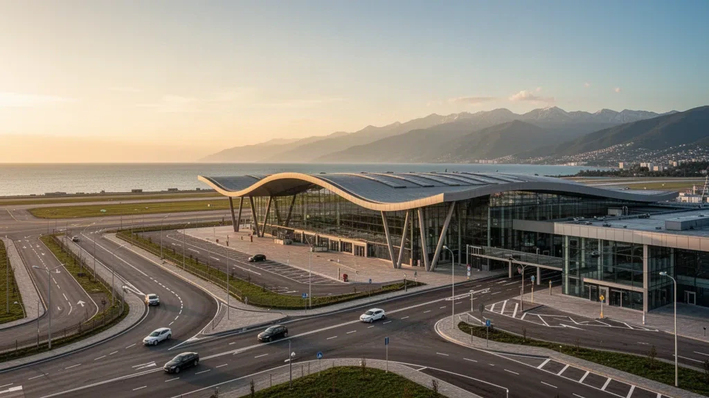 Extérieur d'un terminal moderne et route d'accès à l'aéroport international Vladislav Ardzinba Sukhum à l'heure dorée.