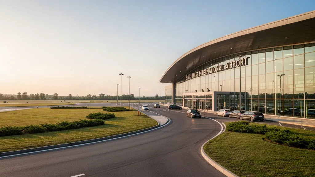 A modern glass terminal building at Satu Mare International Airport with a clean drop-off zone and access road under warm evening light.