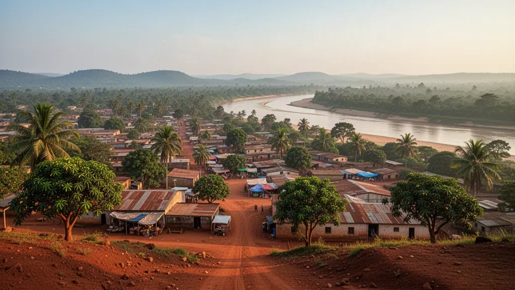 Elevated view of Kananga in Kasaï Central, DR Congo, with red laterite streets, tin roofs and green tropical hills at golden hour