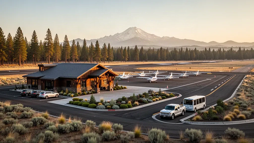 Oregon'daki Sunriver Havaalanı'nda çam ormanı ve Cascade zirveleriyle çevrili küçük genel havacılık terminali ve apronu, altın saatte.