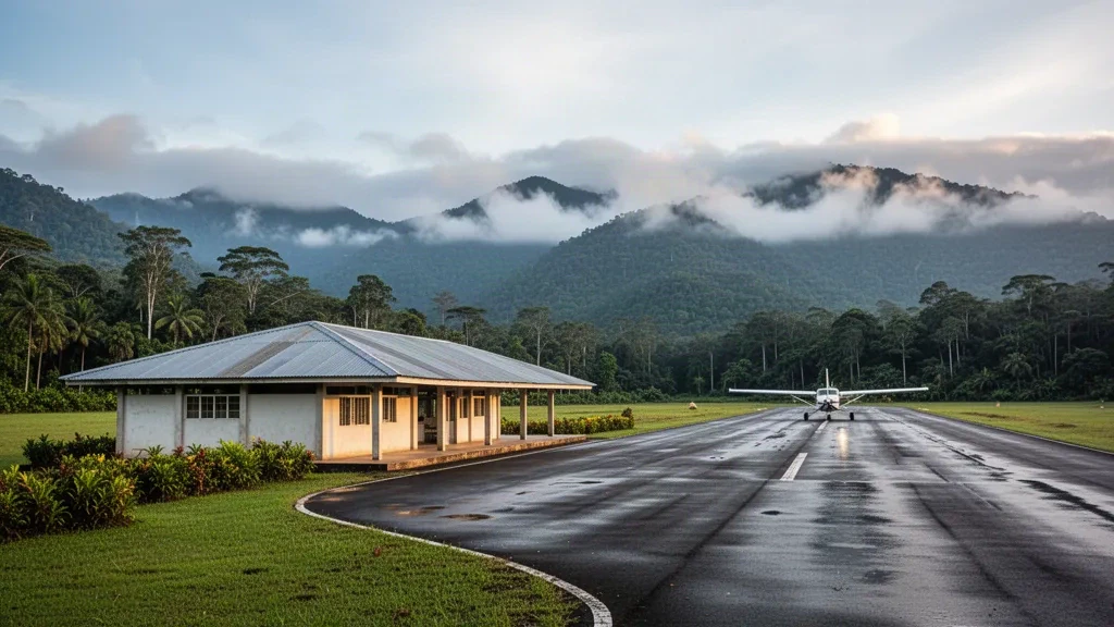 Small open-air terminal and runway at Sucúa Airport in the Ecuadorian Amazon, framed by rainforest hills in soft tropical light