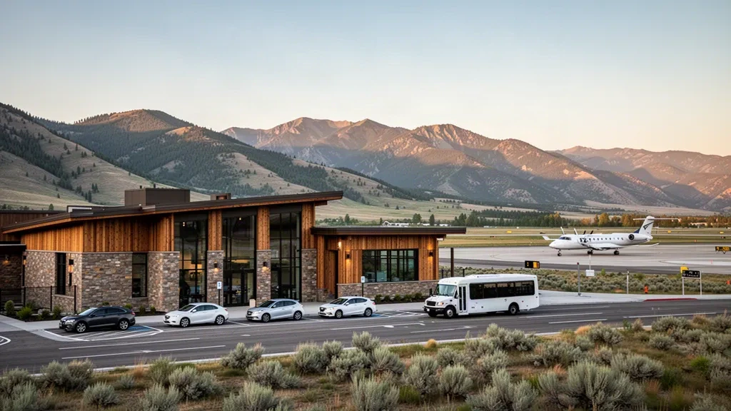 Idaho, Hailey'deki Friedman Memorial Havalimanı'nda modern terminal, kapı önü bırakma şeridi ve altın saatte dağ sırtlarıyla çevrili uçak apronu