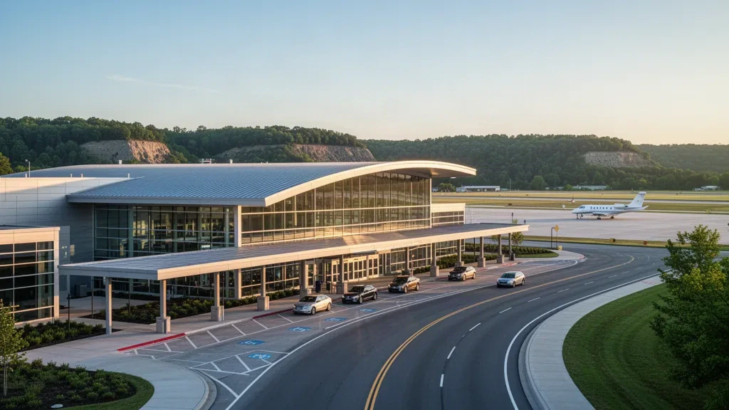 Vue à l'heure dorée de la façade moderne en verre du terminal et des voies de dépose-minute à l'aéroport Spirit of St. Louis à Chesterfield, Missouri.