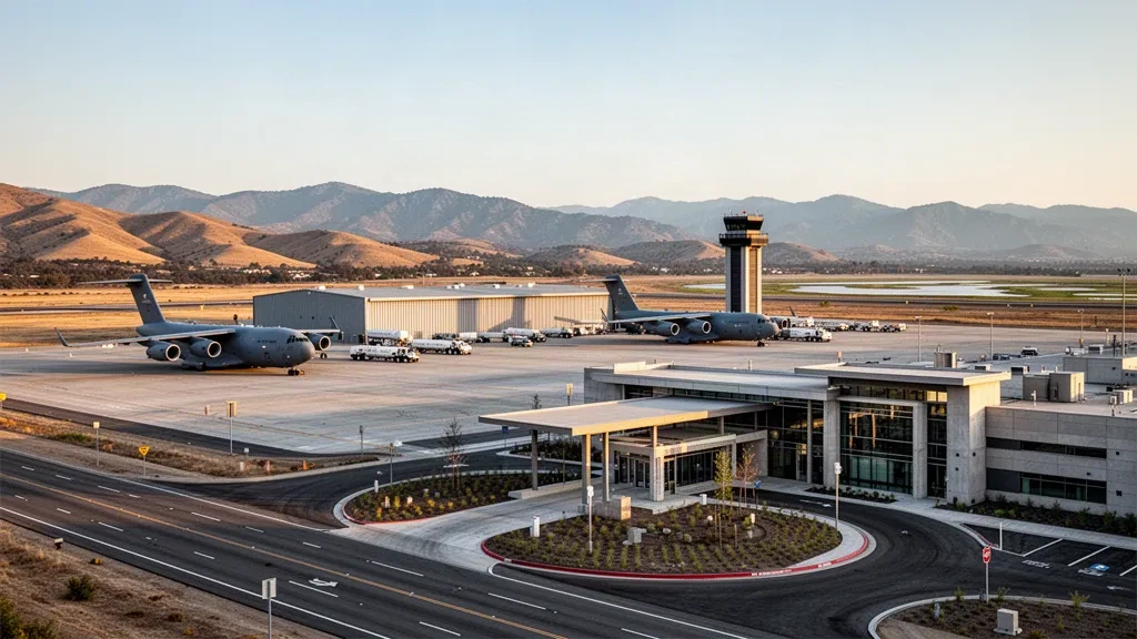 Sonnenbeschienene Rollfeldansicht der Travis Air Force Base in Kalifornien mit Hangars, einem Kontrollturm und grauen Transportflugzeugen auf dem Vorfeld