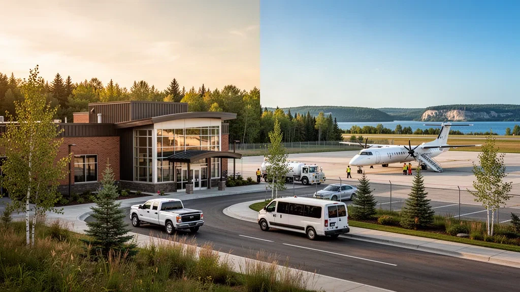 Superior, Wisconsin'deki Richard I Bong Memorial Havalimanı'nda terminal, apron ve bırakma şeridinin altın saat görünümü, arkasında ormanlık tepeler.