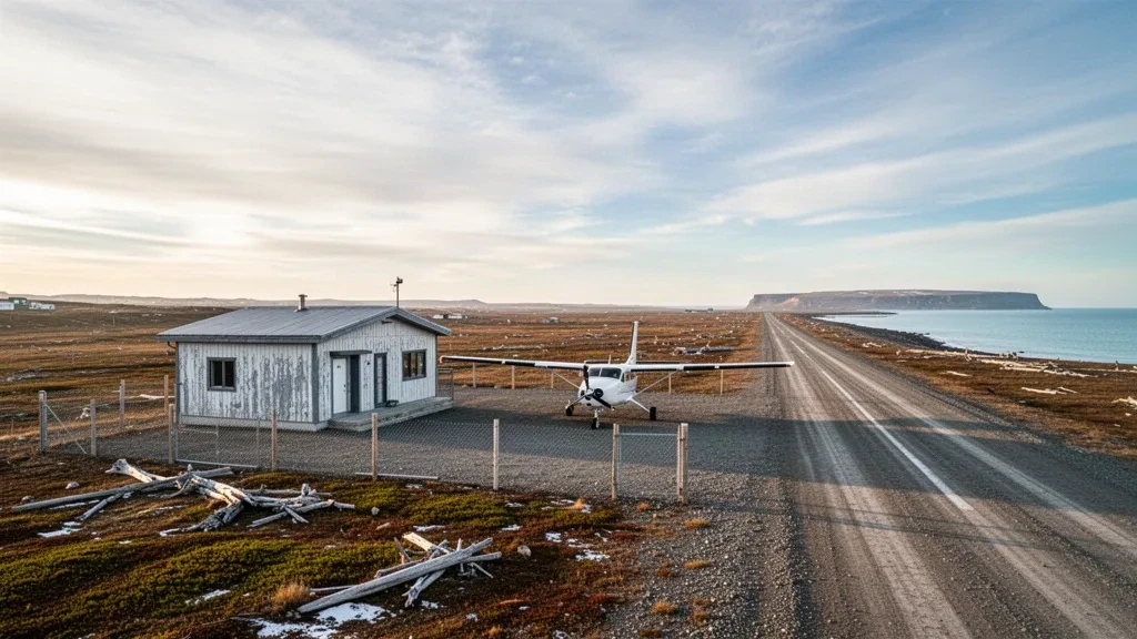 Abgelegene Schotterpiste und kleines verwittertes Terminal am Savoonga Airport auf St. Lawrence Island, Alaska, unter einem weiten arktischen Himmel.