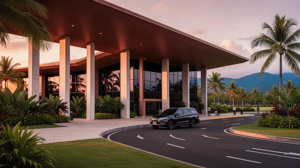 Modernes Terminalgebäude am Nausori International Airport in Fidschi, eingerahmt von tropischen Palmen im warmen Licht der goldenen Stunde mit einem SUV in der Bringspur