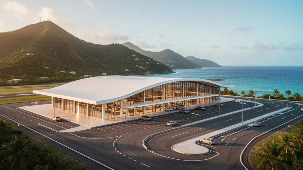 Modern glass terminal building of Argyle International Airport in Saint Vincent, framed by tropical hills and the Caribbean coast at golden hour