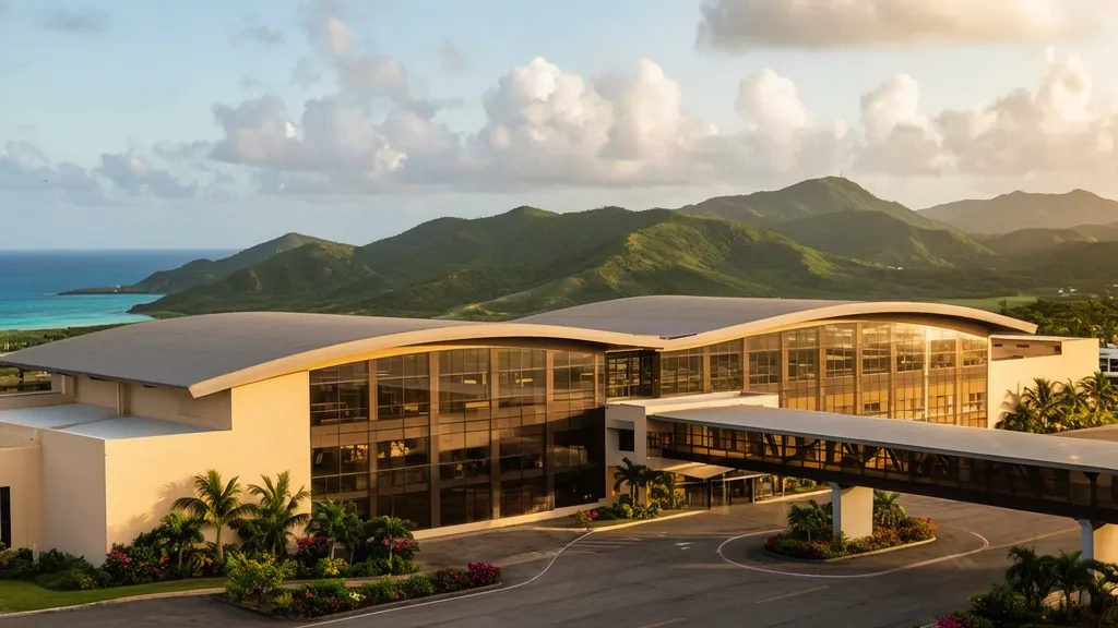 Extérieur du terminal moderne de l'aéroport international Argyle à Saint-Vincent, encadré par les collines verdoyantes des Caraïbes dans la lumière dorée de l'après-midi