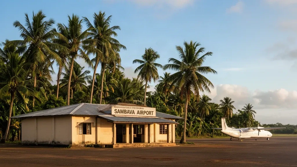 Extérieur du terminal de l'aéroport de Sambava SVB à Madagascar avec des palmiers, un bâtiment d'un seul niveau et un petit avion sur le tarmac.