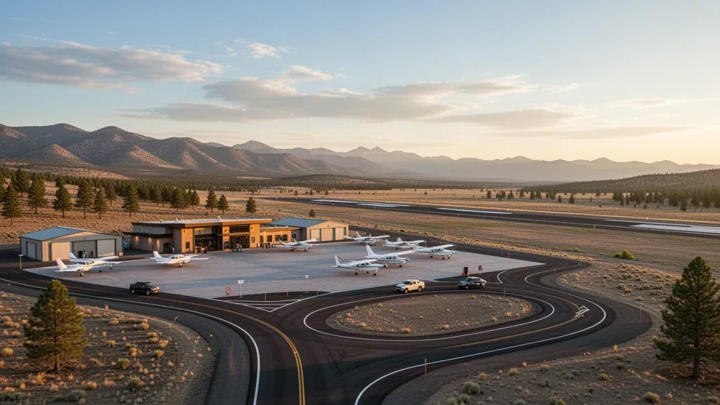 A wide view of Susanville Municipal Airport in California, with small general aviation aircraft, terminal building, and mountains at golden hour.