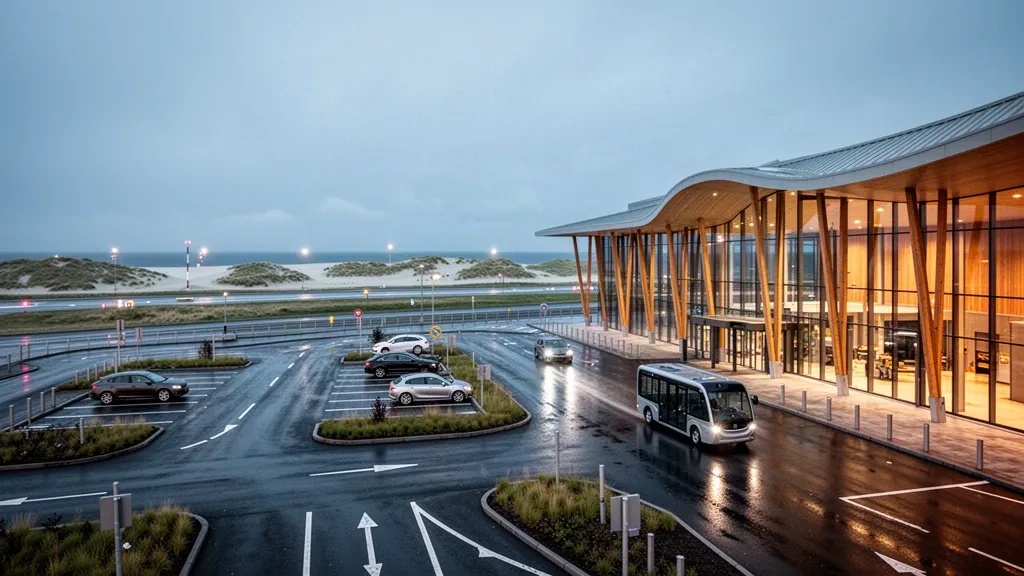 Extérieur moderne du terminal en verre et en bois de l'aéroport de Stavanger, Sola, illuminé à l'heure bleue avec des voies d'accès mouillées et des dunes côtières
