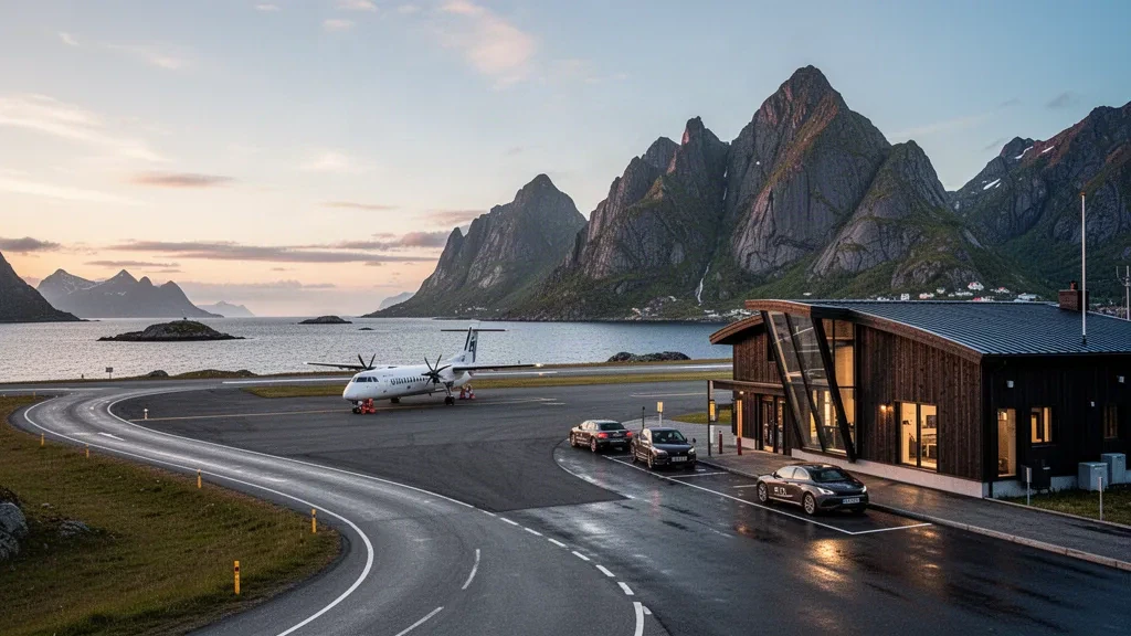 Aeropuerto de Svolværa en Helle, en las islas Lofoten, con su pequeña terminal moderna, pista estrecha, avión turbohélice estacionado y escarpado telón de fondo montañoso bajo una dorada luz nórdica