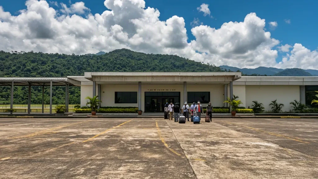 Edificio de terminal de una sola planta y pasarela de entrada cubierta en el Aeropuerto Eduardo Falla Solano que sirve a San Vicente del Caguán, Colombia