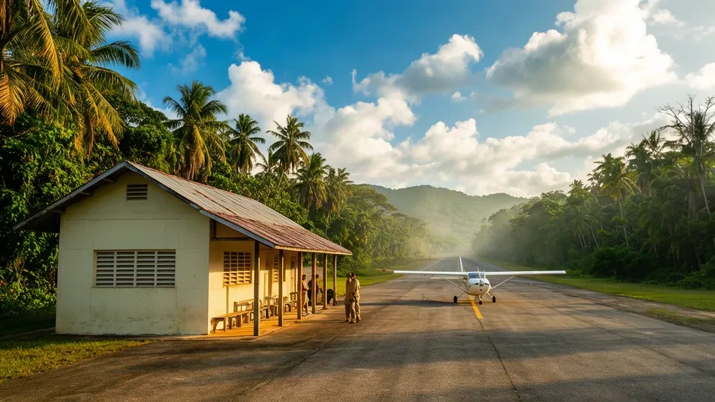 Small tropical terminal and apron at Silver Creek Airport in southern Belize, ringed by dense lowland rainforest