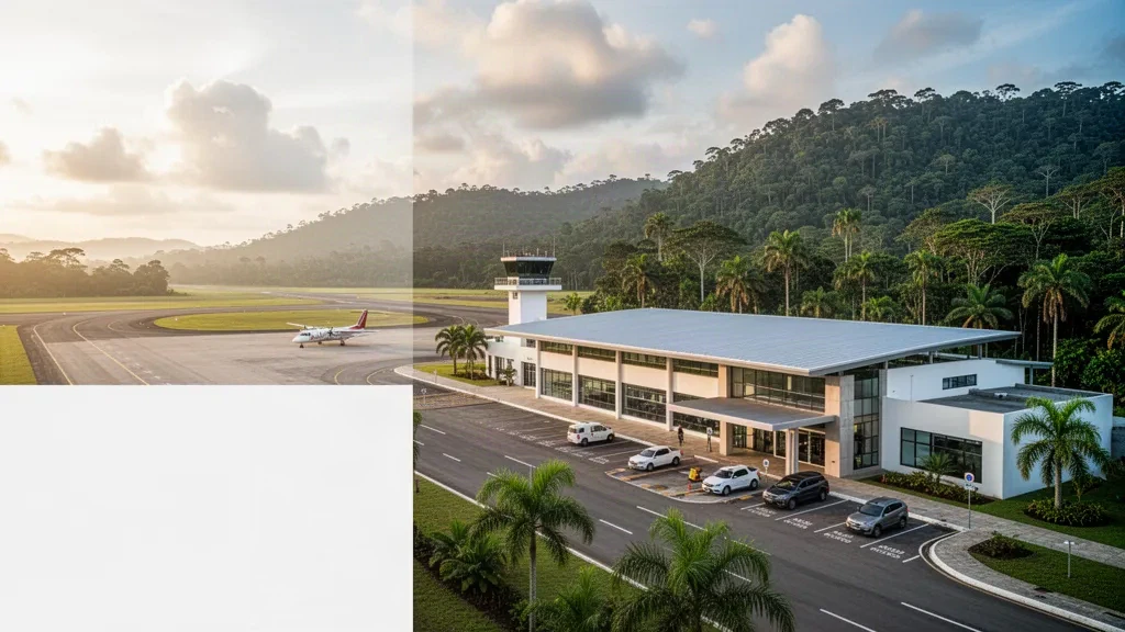 Terminal dell'aeroporto Eduardo Falla Solano a San Vicente del Caguán, Colombia, circondato dal verde tropicale nella luce dorata del tramonto.