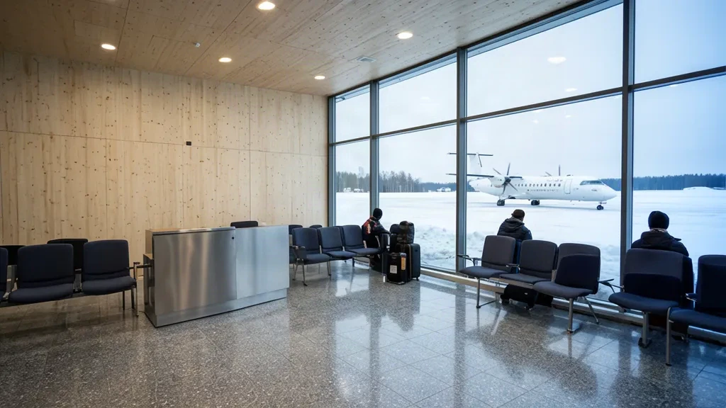 Kompakte Abflughalle und Check-in-Bereich im Terminal des Flughafens Savonlinna in Finnland mit Blick auf das schneebedeckte Vorfeld