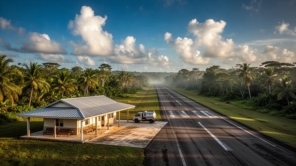 Belize'daki Silver Creek Havalimanı'nda yağmur ormanı örtüsüyle çevrili ve altın ışıkta mütevazı bir terminal binası bulunan küçük tropikal pist.