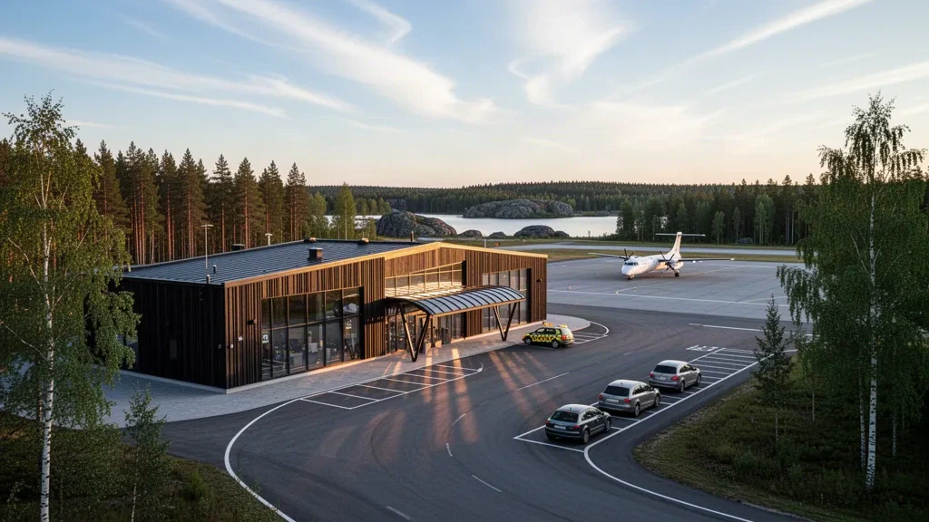 Terminal moderne en verre et bois de l'aéroport de Savonlinna en Finlande, entouré de forêts de pins et de lacs à l'heure dorée