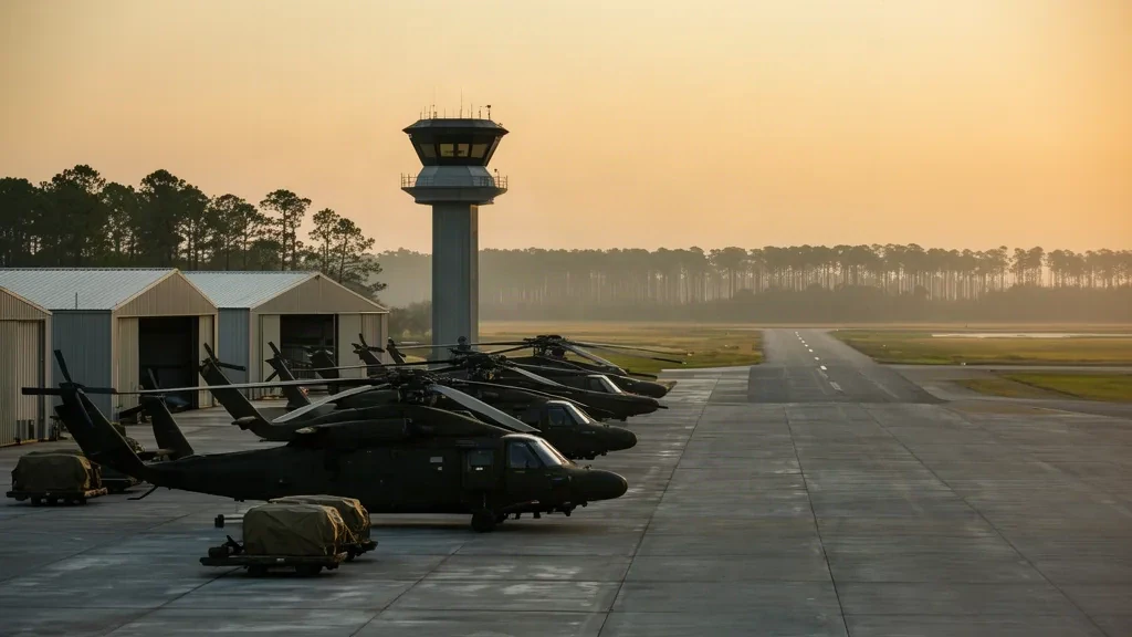 Utility helicopters parked on the apron at Hunter Army Airfield in Savannah, Georgia, with hangars and a control tower under dawn light