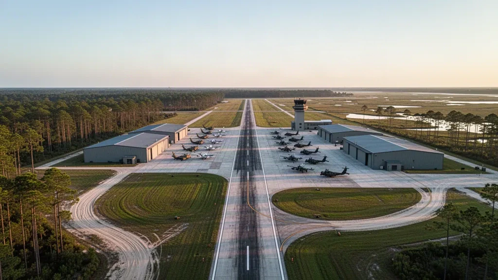 Weite Ansicht des Hunter Army Airfield bei Savannah zur goldenen Stunde, mit Startbahn, Hangars und abgestellten Militärhubschraubern.