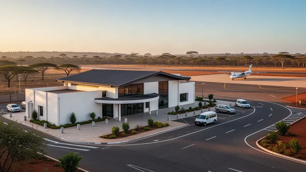 Petit terminal régional et aire de stationnement à l'aéroport de Kuito, dans les hautes terres de Bié en Angola, sous une douce lumière dorée