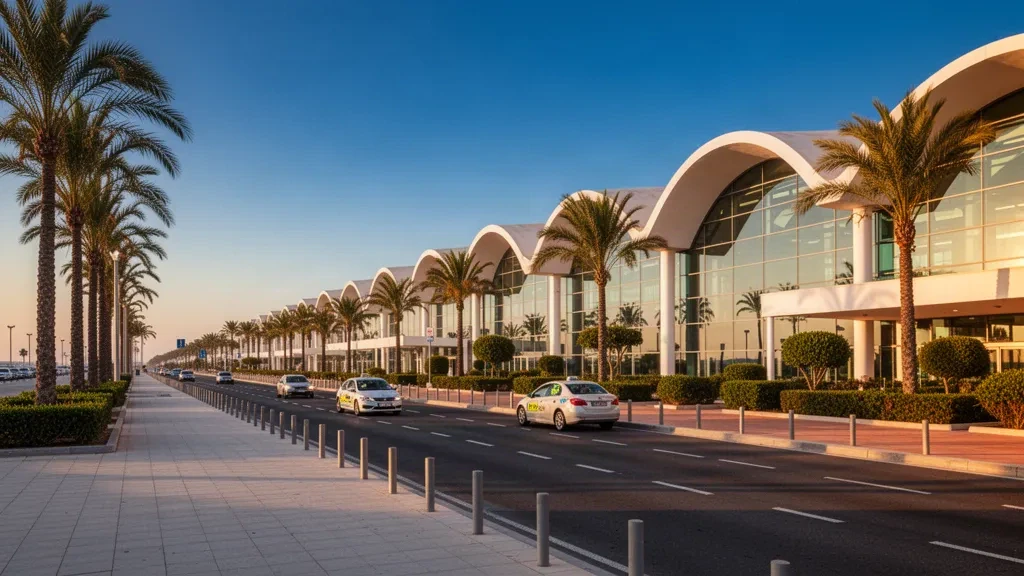 Außenansicht eines modernen Terminals mit weißen Gewölben und Vorfahrtspur am Flughafen Sevilla in Andalusien, Spanien, in warmem Licht zur goldenen Stunde