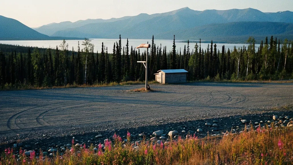 Gravel runway and spruce forest at Stevens Village Airport SVS in remote Alaska along the Yukon River